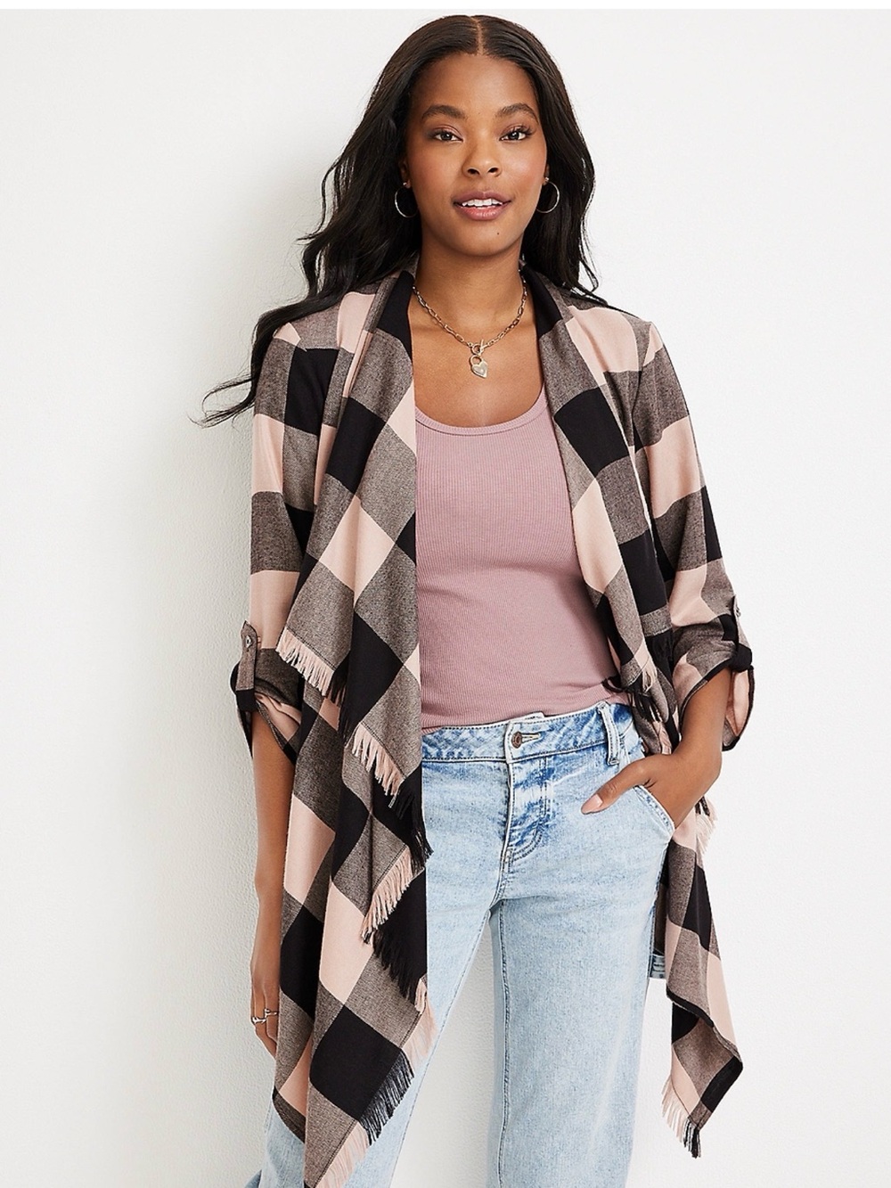 Maurices Pink and Black Plaid Open Front Cardigan